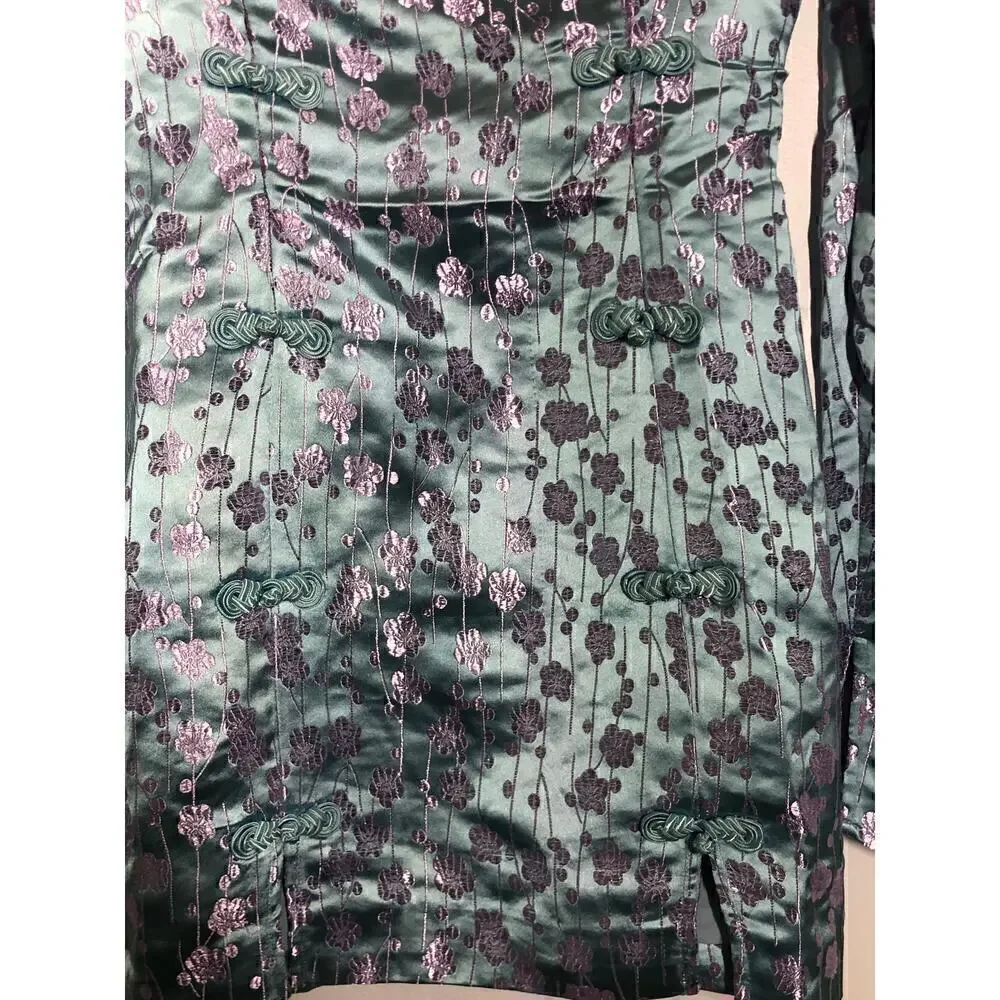 Sau Lee Jen Dress Satin Floral Jacquard Long Sleeve Square Neck Mini Blue Size 0